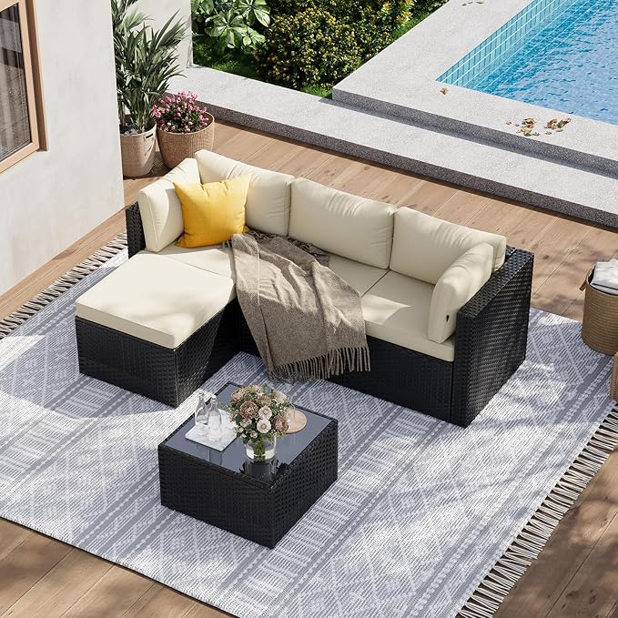 Aoxun Patio Furniture Set 5-Piece, Outdoor Sectional Sofas with Washable Cushion, Wicker Rattan Patio Conversation Sets for Backyard Porch and Poolside, Beige