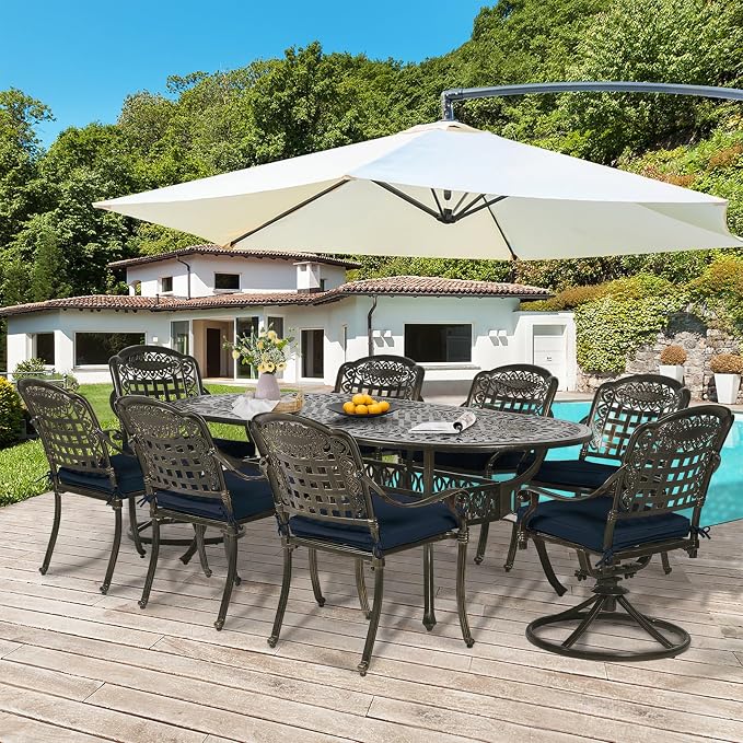 9-Piece Patio Dining Set, Outdoor Patio Table and Chair Set of 84” Oval Cast Aluminum Dining Table with Umbrella Hole, 6 Stationary, 2 Swivel Rocker Chairs, Patio Funiture Set, Navy