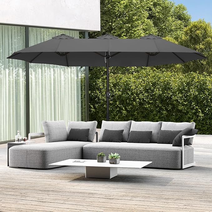 ABCCANOPY 15FT Patio Umbrella with Base, Outdoor Double-Sided Rectangle Umbrella Bonus Latch, Wights for Poolside, Lawn, Backyard (Dark Gray)