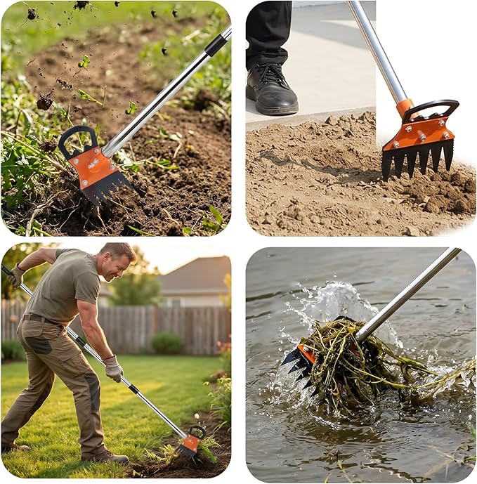 Weed Puller Tool with Long Handle, 59" Manual Weeder Remover Tool, 2 in 1 Hand Weed Rake and Garden Hoe for Gardening, Lawns, Yards