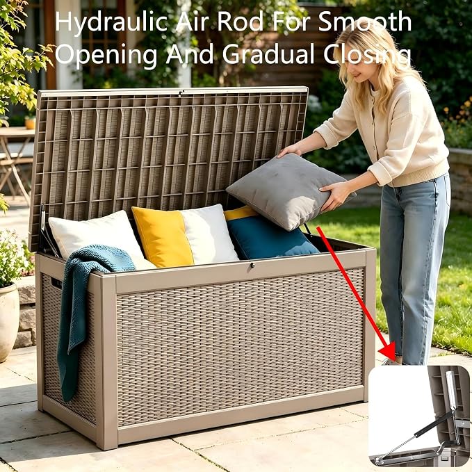 320 Gallon Waterproof Outdoor Storage Box, Lockable Deck Box with Built-In Handle for Patio Seat Cushions, Garden Tools, Pool Accessories, Light Brown