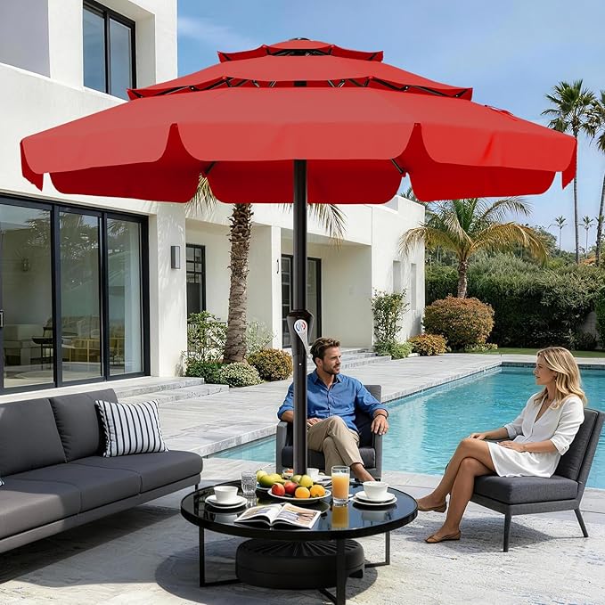 AreShark 11FT 3-Tiers Patio Umbrella with Valance, Outdoor with Crank, Large Outdoor Market Umbrellas Vented with 8 Sturdy Ribs, Patio Table Umbrellas for Garden, Deck, Backyard, Pool, Red