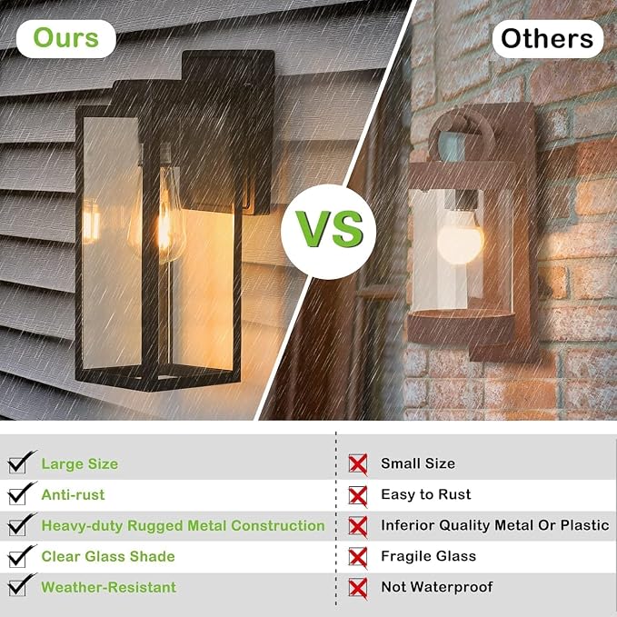 hykolity Large Outdoor Wall Lights, 16 Inch Dusk to Dawn Outdoor Lighting | Waterproof Exterior Lighting Fixtures, Anti-Rust Lantern Lamp with Glass Shade, Black Outdoor Lights for House Porch, 2 Pack