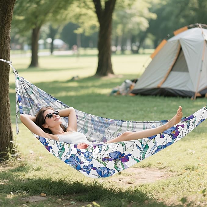 Camping Hammock Outdoor Hammocks for Outside Blue Irises Flowers Beach Trees Portable Lightweight with Pockets Tree Straps Indoor