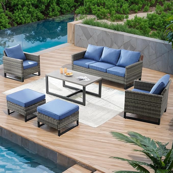 Rilyson Wicker Outdoor Patio Furniture Set - 6 Piece Patio Conversation Set with 2 Armrest Chairs,2 Rattan Ottoman,1 Couch and 1 Metal Side Table for Outside Porch Deck Backyard(Mixed Grey/Blue)