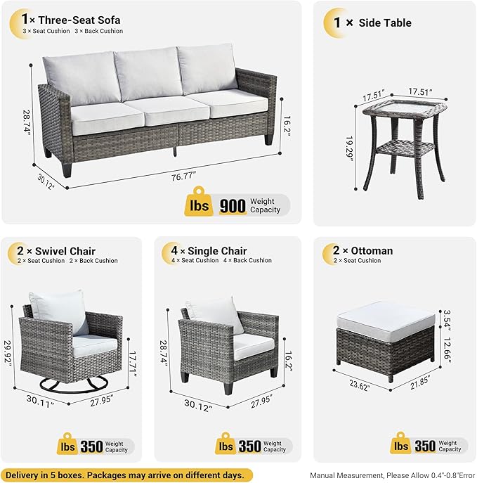 ovios 10 Pieces Patio Furniture Set, Outdoor Wicker Sofa Couch with Swivel Chairs, Rocking Glider Rocker with Comfy Cushions All Weather Rattan Conversation Set, Grey