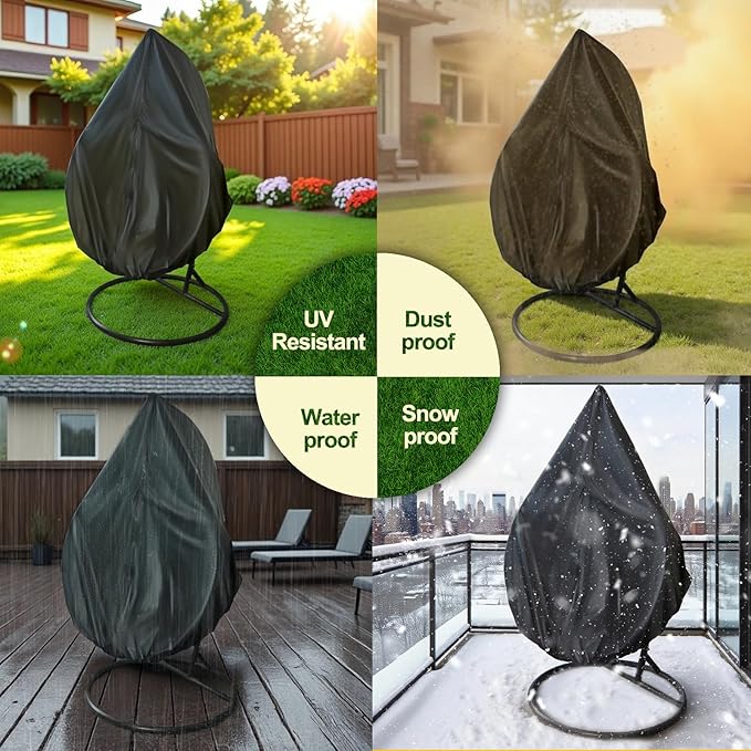Egg Chair Cover for 75"x45" Outdoor Hanging Egg Chair With Stand, High-Density Oxford Fabric with Rain Protection, Zippered Weather-Resistant Patio Cover, Waterproof Black with Storage Bag