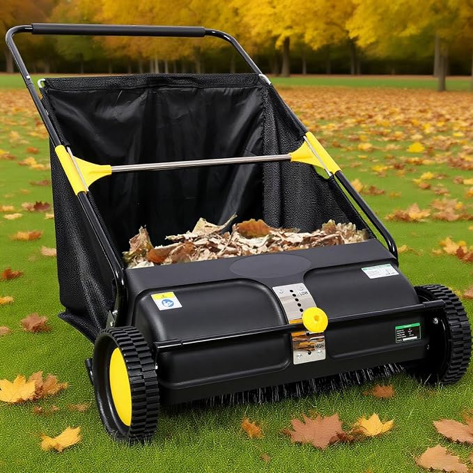 2026 Upgraded 26 Inch Push Lawn Sweeper | 4 Spinning Brushes & Adjustable Height for Deep Cleaning | Large 3.5 cu ft Bag for Leaves, Grass, Debris on Lawns & Driveways (26 Inch,Black)