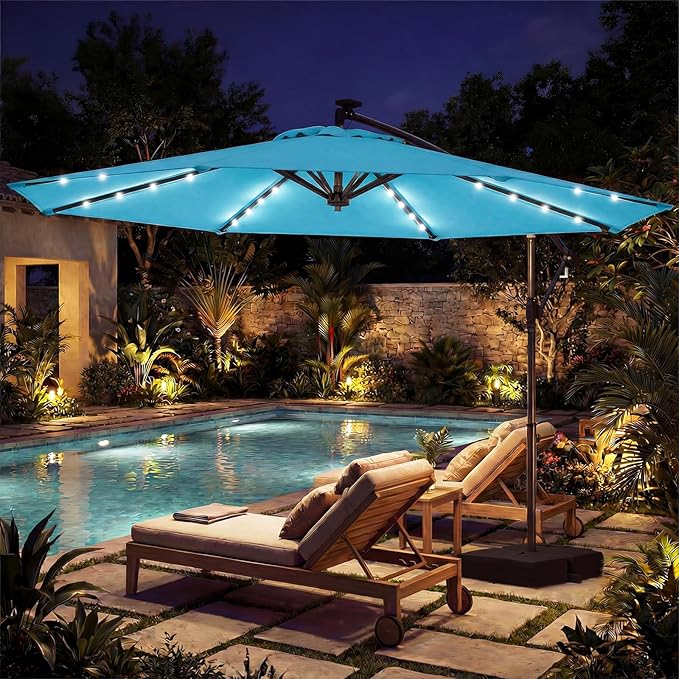Tangkula 10ft Solar Patio Umbrella with Base Included, Offset Cantilever Outdoor Umbrella with 32 LED Lights, 360 Degree Rotation, Crank Handle for Pool Deck Garden Backyard (Turquoise)