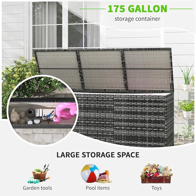 175 Gallon Outdoor Storage Box with Inner Liner, PE Rattan Wicker Deck Box with Bar Lift for Indoor Outdoor, Patio Furniture Cushions, Pool Toys, Garden Tools, Mixed Gray