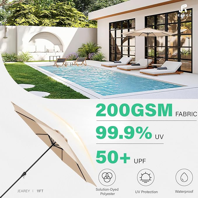 JEAREY 11' Patio Umbrellas Outdoor Table Market Umbrella w/Crank, 8 Sturdy Ribs, UV Protection Windproof for Garden, Deck, Backyard, Pool(Beige)