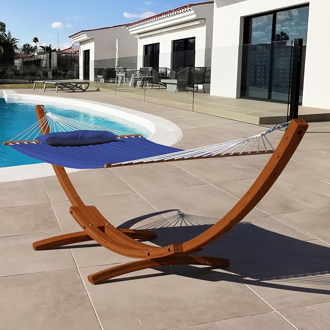 Lazy Daze Hammocks 12 FT Double Quilted Fabric Hammock and 13 FT Brown Wood Arc Stand, with Spreader Bar, Removable Pillow, 2 Person Hammock for Poolside Outdoor Patio, 450 lbs Capacity, Navy Blue