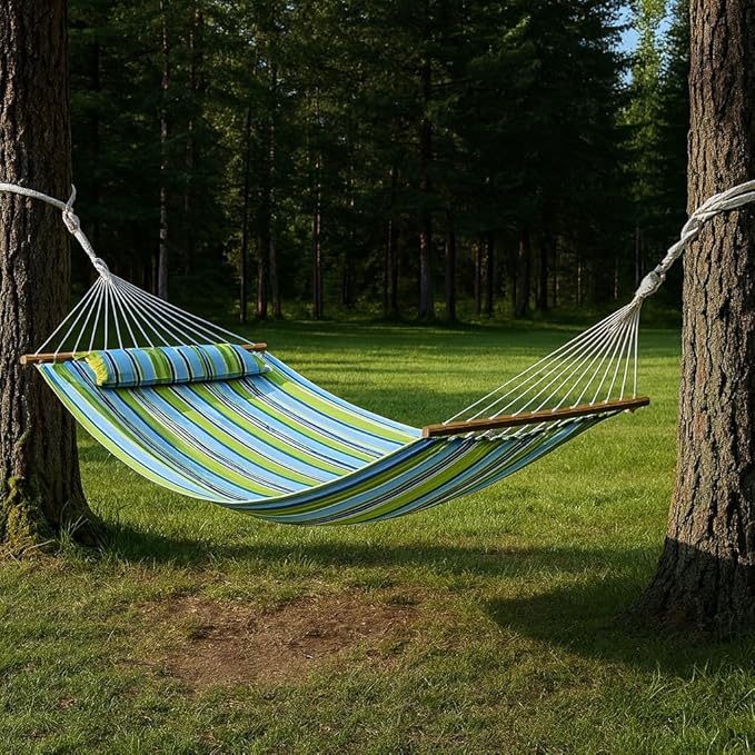 HomeRoots 643963 Striped Double Hammock Aqua & Lime Green