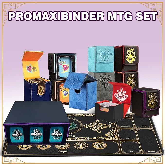 PROMAXIBINDER MTG Trading Card Storage Box with Playmat Fits 3000+ Cards, B-Row Commander Deck Case, 3 Display Windows, 6 Movable Partitions, 24 Dividers, for Magic/TCG/YuGiOh/Sport (Black&Purple)