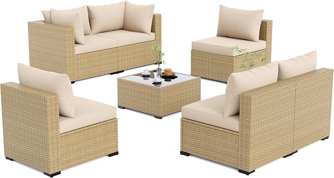 UDPATIO Furniture Set, 7 Piece Sectional Sofas with Wicker Coffee Table, Conversation for Garden, Backyard, Yellow/Beige