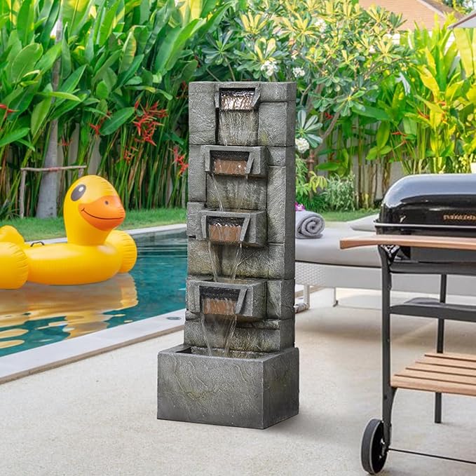 Tiered Outdoor Water Fountain Garden - 41'' Tall Patio Fountains Outdoor Water Feature with Light, Resin Cascading Waterfall Feature Stone Texture Waterfall for Yard Patio Porch Outside, Gift