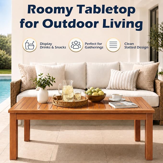 Outdoor Teak Coffee Table, 48" Wooden Patio Coffee Table with Protective Cover, Solid Teak Outdoor Coffee Table for Patio, Garden, Poolside, Balcony and Backyard