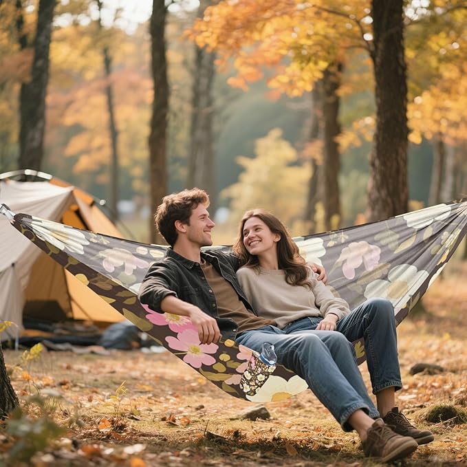 Retro Vibrant Flower Leaves 330lb Capacity Outdoor Hammock with Portabl Carry Bag Backyard Hammock for Patio Backyard Lounge Base hamacas para adultos con soporte
