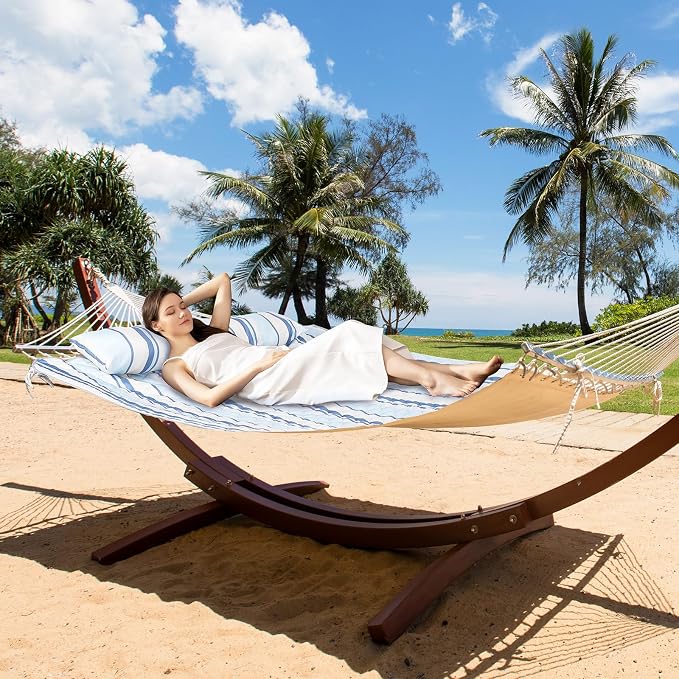 Double Hammock Pad and Pillow Set,78" x 55"Polyester Quilted Hammock Pad, Enhanced Comfort for Rope Outdoor Patio, Garden, Beach Hammocks, BlueStripe