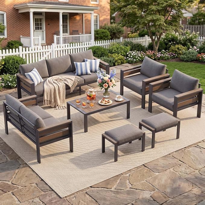DoCred Aluminum Patio Furniture Set, 7-Piece Modular Patio Conversation Set with Widened Armrests and Thickened Cushions, Metal Outdoor Furniture Set for Porch, Balcony, Deck, Yard, Poolside