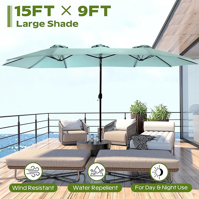 15ft Umbrella Outdoor Patio - Double-Sided Large Market Rectangle Umbrellas with Crank Handle for Patio Garden Yard Pool (No Base)