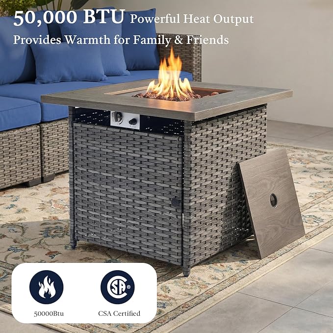 Wicker Patio Furniture Set- 4 Pieces Outdoor Swivel Rocker Chairs with 50,000 BTU Fire Pit Table,PE Rattan Outdoor Conversation Set for Garden Porch Deck