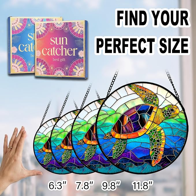 Birthday Gifts for Women - Blue Sea Turtle Faux Stained Glass Window Hanging Sun Catcher for Door Garden Acrylic Decor Mother's Day Christmas for Mom Men Nana Grandma Sisters 11.8"
