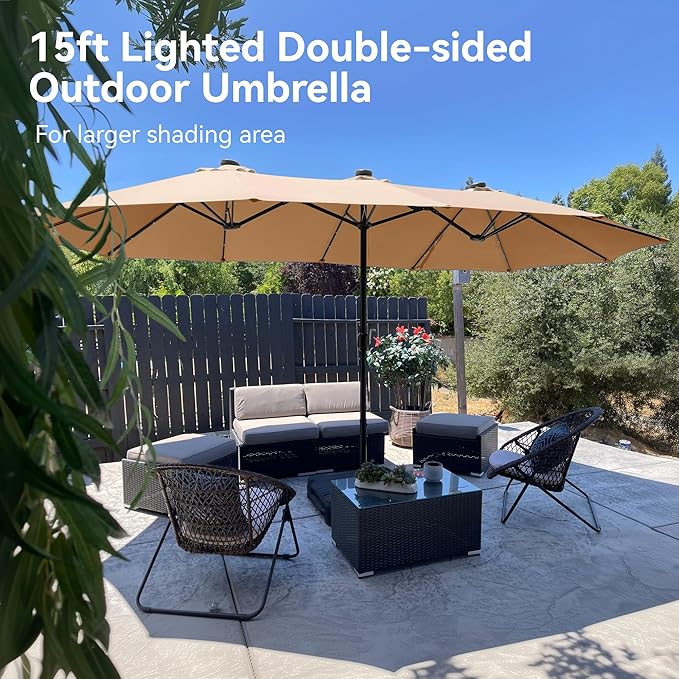 PHI VILLA 15ft Large Patio Umbrella with Base & Solar Lights, Double-Sided Outdoor Rectangle Umbrellas with 36 LED Lights, Umbrella for Outside with Stand, Beige