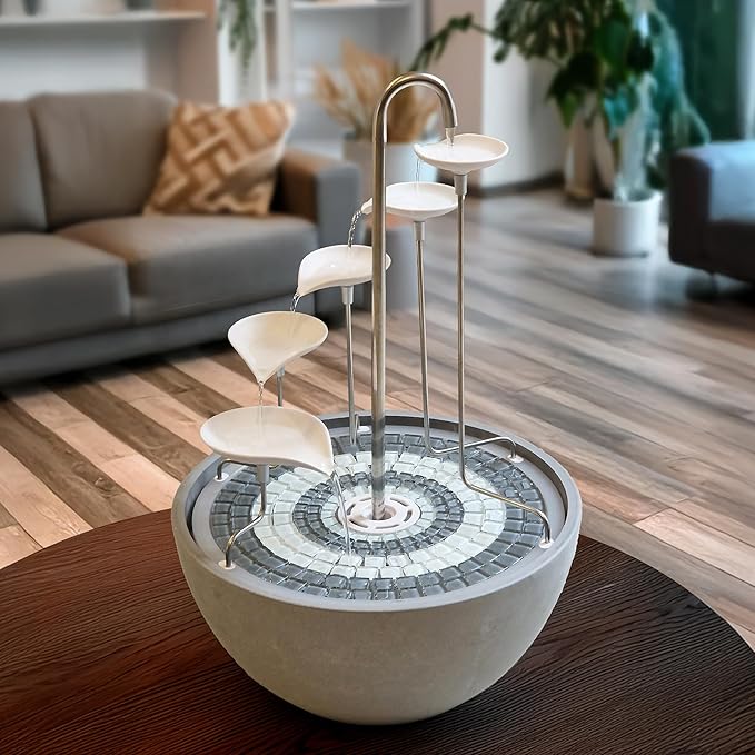 HYDRIA Water Feature Fountain White Leaf Cascade, Grey Mosaic, Porcelain Bowl Included, Up to 100 Hours per Charge, USB Charging, Outdoor and Indoor use, British Brand, Wireless, No Solar Needed