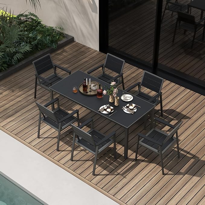 7-Piece Patio Dining Set with 15FT Umbrella, Aluminum & HDPE Outdoor Table and Chairs, Weather-Resistant All-Season Backyard, Deck & Patio Dining Furniture with 2" Umbrella Hole (Black)