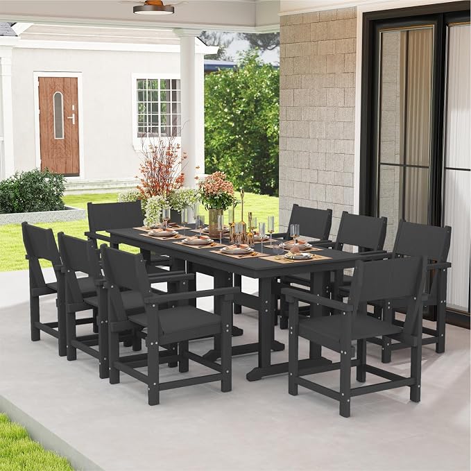 9-Piece Outdoor Dining Set, HDPE Weatherproof Patio Table and Chairs Set for 8, Outdoor Patio Furniture Sets with Umbrella Hole for Outside, Deck, Backyard, Garden (Black)