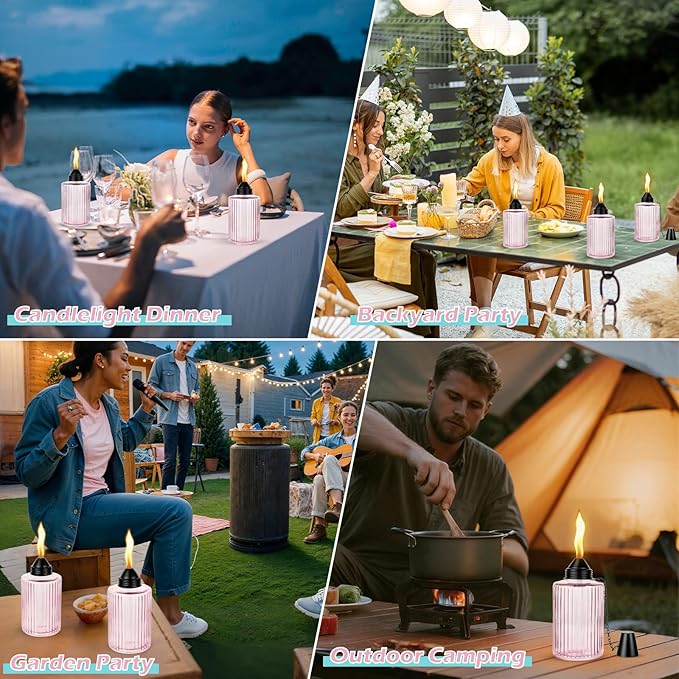 Glass Table Top Torches for Outside,4 Pack Citronella Tabletop Torch with Wick & Cap, 12oz Refillable Outdoor Torch Canisters Lanterns Torches for Luau Party, DIY Garden Decor (Pink)