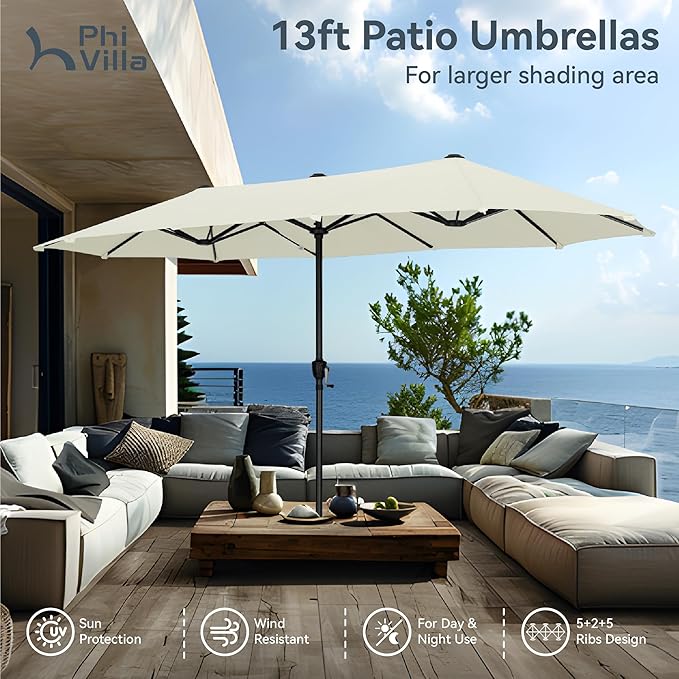 PHI VILLA 13ft Large Patio Umbrellas, Double-Sided Outdoor Market Rectangle Umbrella for Outside, Ivory