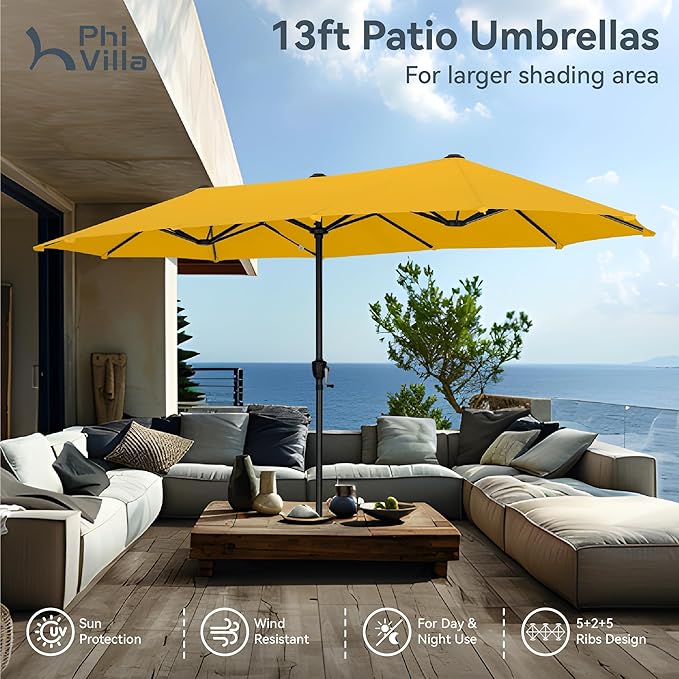PHI VILLA 13ft Large Patio Umbrellas, Double-Sided Outdoor Market Rectangle Umbrella for Outside, Golden Yellow