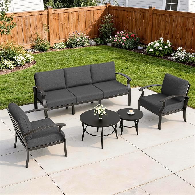 Kurapika Aluminum Patio Furniture Set 5-Seat Modern Metal Outdoor Conversation Sets w/5.1 Inch Cushion Patio Sectional Sofa with 2 Round Coffee Tables, Black