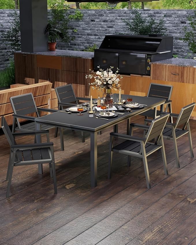 7-Piece Patio Dining Set with 11FT Umbrella, Aluminum & HDPE Outdoor Table and Chairs, Weather-Resistant All-Season Backyard, Deck & Patio Dining Furniture with 2" Umbrella Hole (Black)