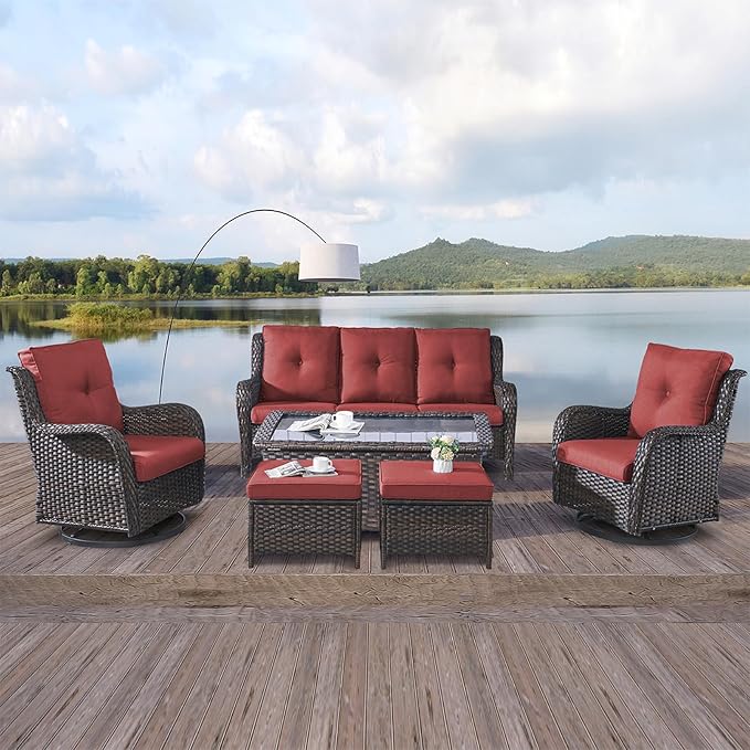 Rilyson Wicker Patio Furniture Set - 6 Piece Rattan Outdoor Sectional Conversation Sets with 2 Rocking Chair,2 Ottoman,1 Sofa and 1 Coffee Table for Porch Deck Garden(Brown/Red)