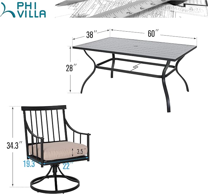 PHI VILLA Patio Dining Set, Swivel Chairs, Steel Table | Metal chairs, Umbrella Hole, Cushions, E-coated, powder-coated, for Patio, Deck, Yard, Porch