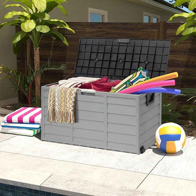 Crownland Modern Rectangular Deck Box, 75 Gallon Sun-proof Woodgrain Patio Storage Box for Garden, Balcony, Grey