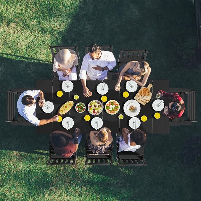 LOUNZY 9 Pieces Patio Dining Sets,Outdoor HDPE Furniture Set for 8 w/ 2" Hole Cut-Out Dining Table with 8 Patio Chairs(2 W/Armrest, 6 w/o Armrest),Black