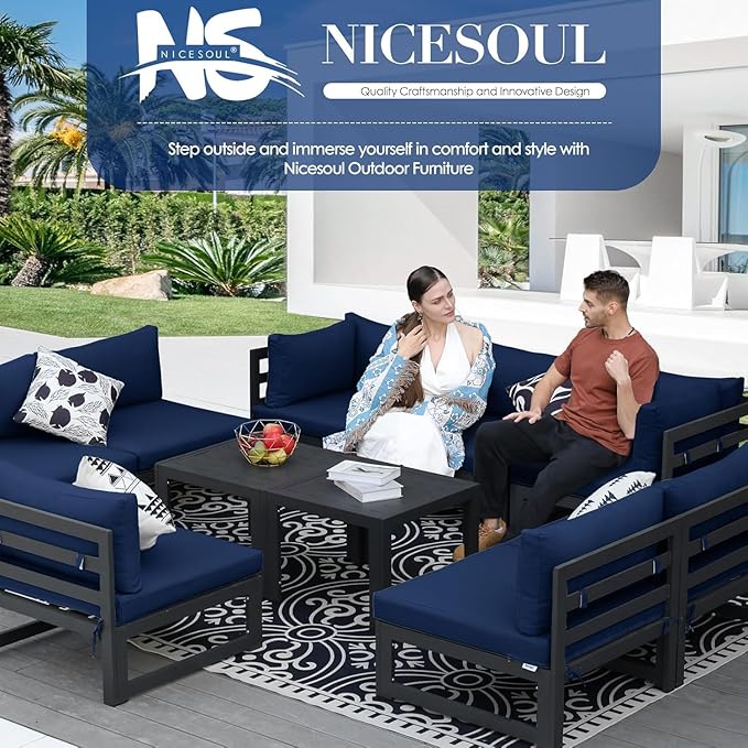 NICESOUL 12 Pcs Extra Large Modern Aluminum Outdoor Sofa with Coffee Table, 29" Deep Wide Seat, 500 lbs Durable Sectional Set for Heavy People,High End Patio Furniture Set for Backyard Lawn, Navy Blue