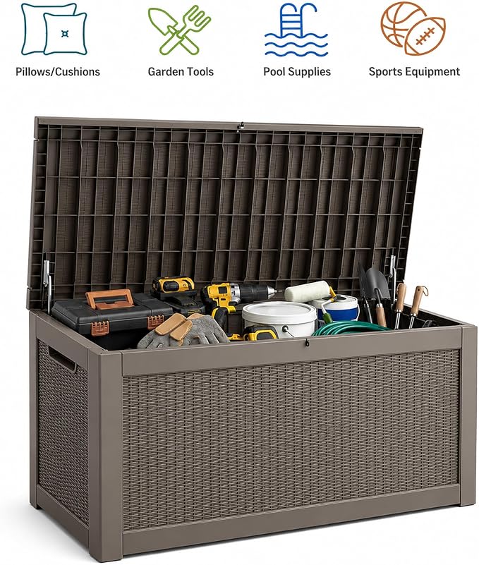 MAKINO 325 Gallon Extra Large Waterproof Deck Box, Heavy Duty Resin Outdoor Storage Box, Outside Storage Bench with Hydraulic Rod for Patio/Cushions/Garden Tools/Backyard/Pool Accessories, Grey Brown