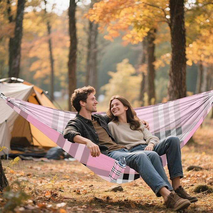 Black White Pink Checkered Plaid 330lb Capacity Camping Hammocks with Portabl Carry Bag Swing Hammock for Indoor Outdoor Patio Silla colgante para Patio Exterior