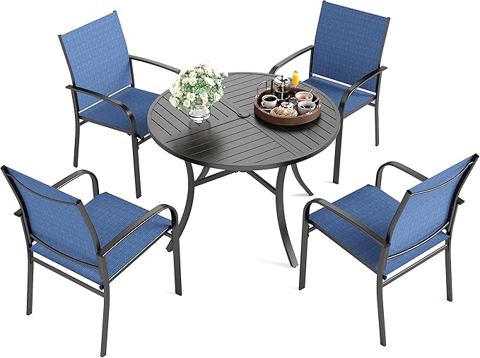HERA'S HOUSE 5 Pieces Patio Table and Chairs Set, Outdoor Dining Furniture for 4, 42" Black Metal Round Dining Table with Umbrella Hole, 4 x Blue Textilene Chairs for Lawn Garden Backyard Deck