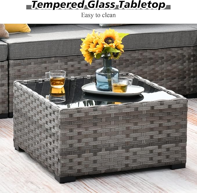 HOOOWOOO Outdoor Patio Sectional Furniture Sofa Set with Fire Pit Table,10 Piece Modern Wicker Couch with Swivel Chairs,Modular Conversation Seating Set with Widened Armrest for Garden(Grey Strips)