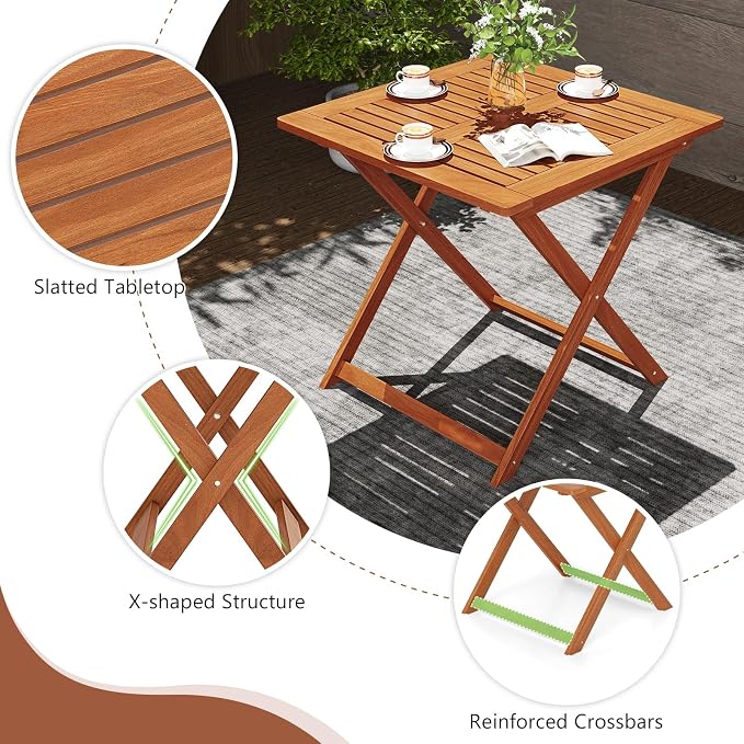 HAPPYGRILL Folding Patio Dining Table Set of 2, Solid Wood Square Table for 4 with Slatted Tabletop & X-Shaped Support Legs, Space-Saving Design, for Yard or Deck