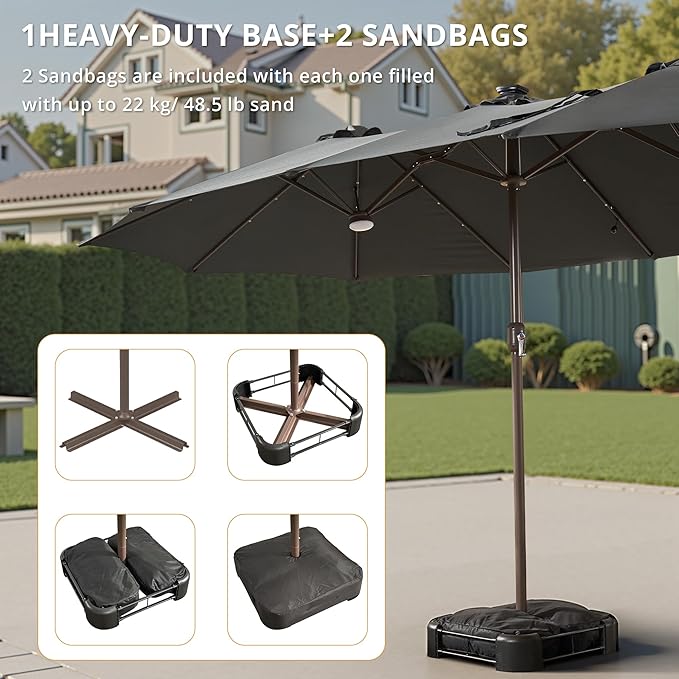 15ft Large Patio Umbrellas with Base & Solar Lights,Outdoor Rectangle Double-Sided Market Umbrella with Stand & 38 LED Lights,Outside Umbrellas for Poolside Deck Backyard (Dark Grey)