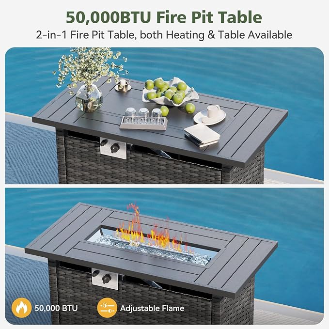 Aoxun 13 Piece Outdoor Patio Furniture Set with 44'' Fire Pit Table, Wicker Rattan Outdoor Furniture with High Back Swivel Rocker Chairs, Outdoor Sofa Set with Thick Cushion & Ottoman, Navy Blue