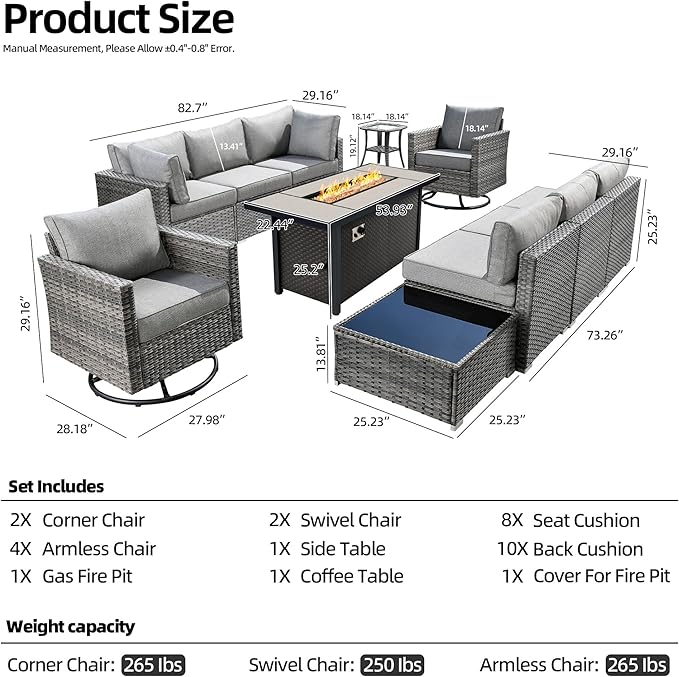 11 Piece Outdoor Patio Furniture Set with 53" Fire Pit Table, Wicker Sectional Conversation Set Whit Swivel Chairs,Modern Outside Sofa for Balcony Backyard(Dark Gray)