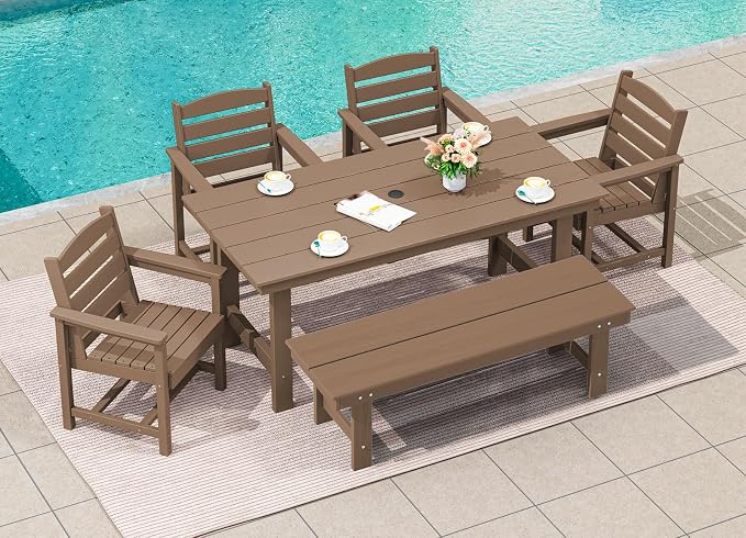 SERWALL 6 Pcs HDPE Dining Set, Includes 1 Table, 1 Bench & 4 Chairs, Brown | Outdoor Dining Set with Bench, All-Weather Resistant SERWALL Dining Set for patio